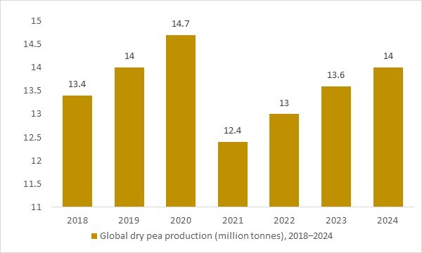 Global dry pea production (million tonnes), 2018–2024, illustrating supply trends supporting the dried peas market